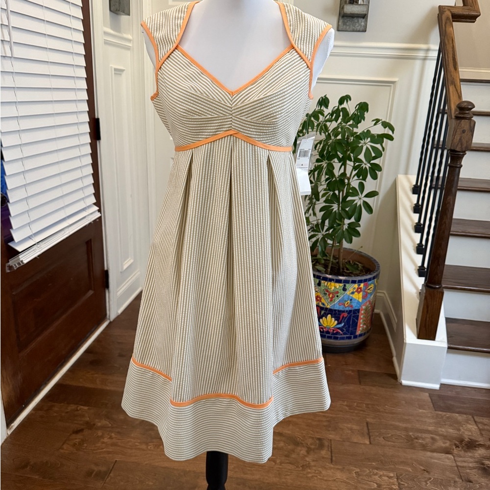 London Times NWT Seersucker Striped Dress with Peach Accents and Open Back
